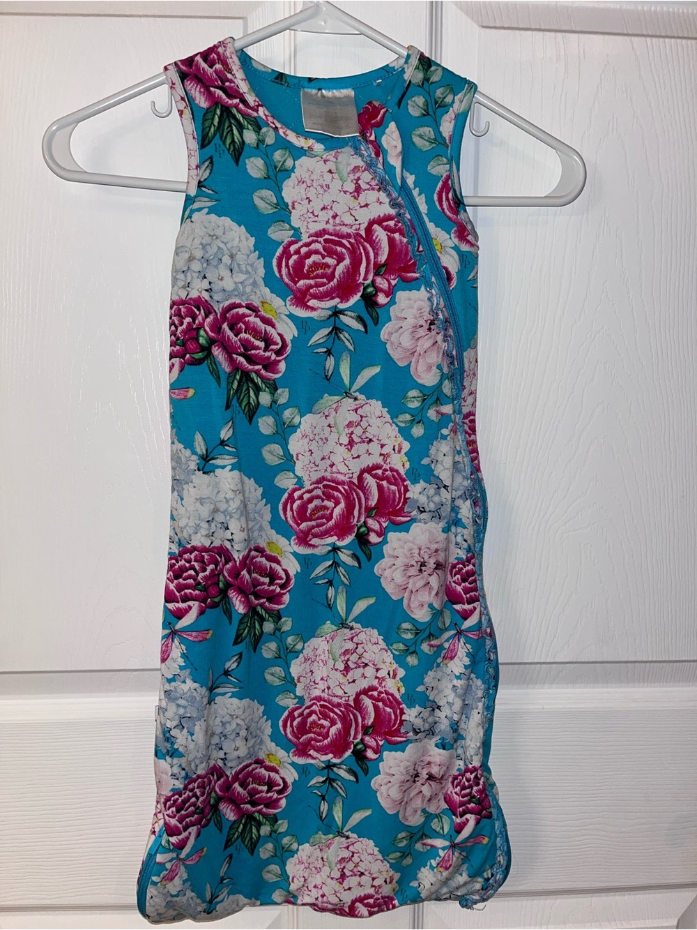 Posh Peanut Turquoise Floral Sleeveless Knit Dress with Pink Roses